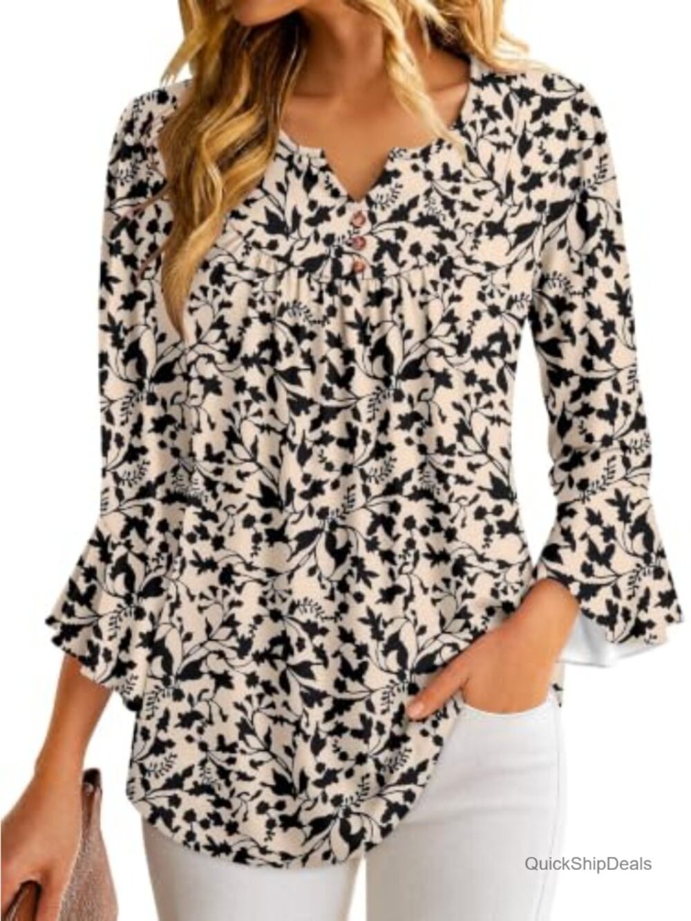 Women's Boho Floral Tunic Top 3/4 Bell Sleeve V-Neck Blouse